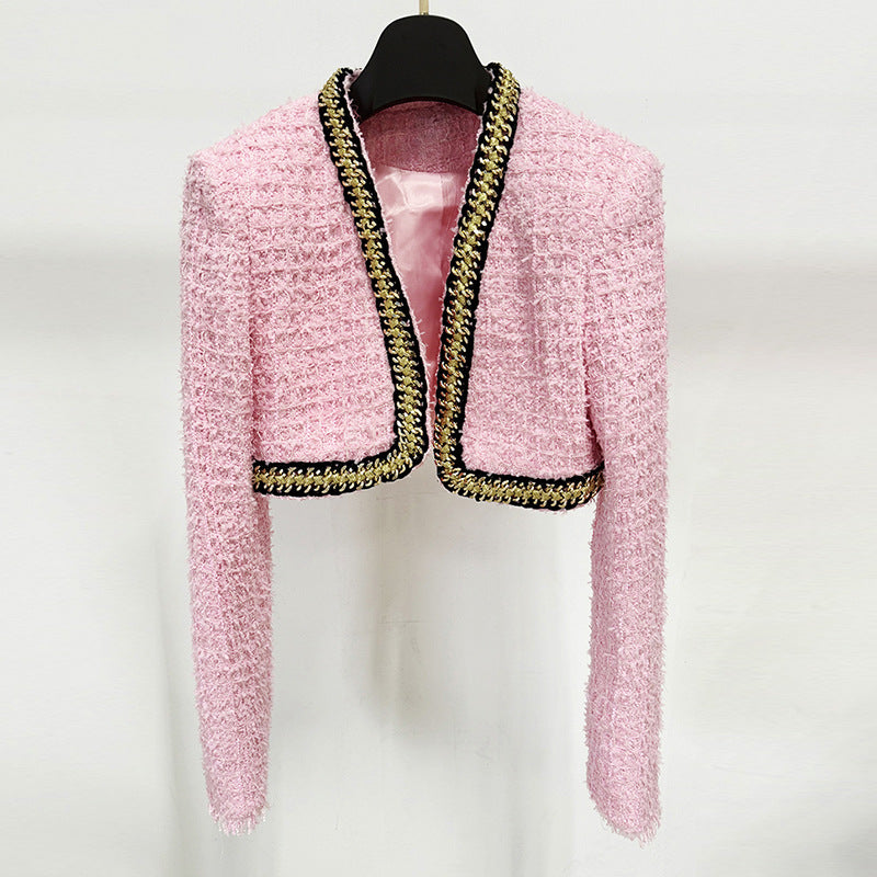 PINK DIAMOND-Women's fashion 3 pc set/cardigan,vest and short skirt, coarse woolen and chain decoration, heavy industry,perfect for autumn and winter.