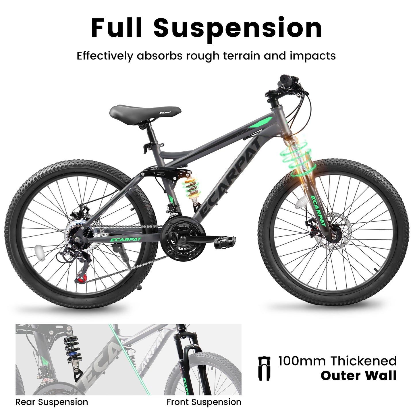 A2660 Ecarpat Mountain Bike 26 inch wheels, carbon steel frame disc brake thumb shift front fork rear shock absorber bike