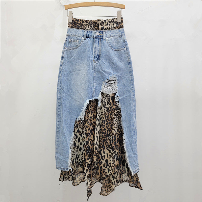 Cowboy Leopard Pattern Splicing Fake Two half piece women's Skirt