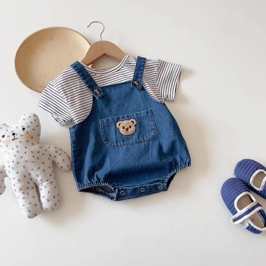 Baby's bear denim summer overalls(shorts with straps or baby striped sleeve t-shirt