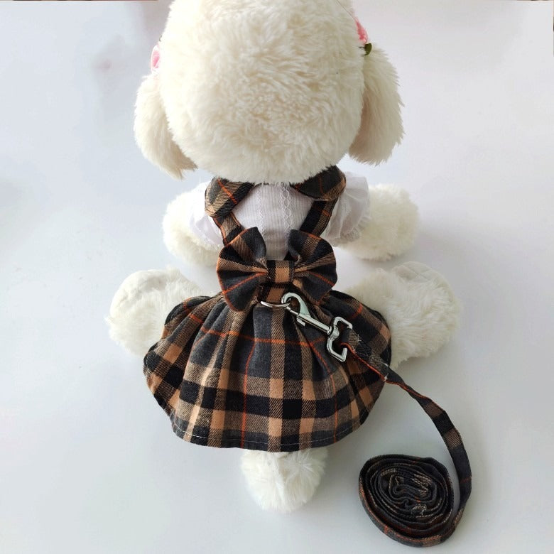 Sweet plaid dress for dogs with a collar and a bow,dress have towing leash for going out.