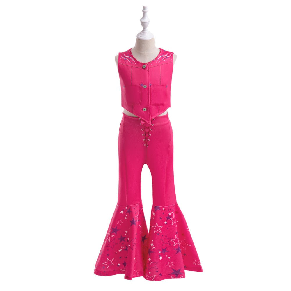 Barbie three piece set children's sleeveless for party,printed performance outfit with silk scarf