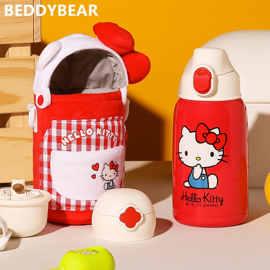 Children's insulation cup Hello Kitty in red color,capacity 630ml,thermal insulation 12-24 hours,with three covers for cup and cup-holder (bag) with belt