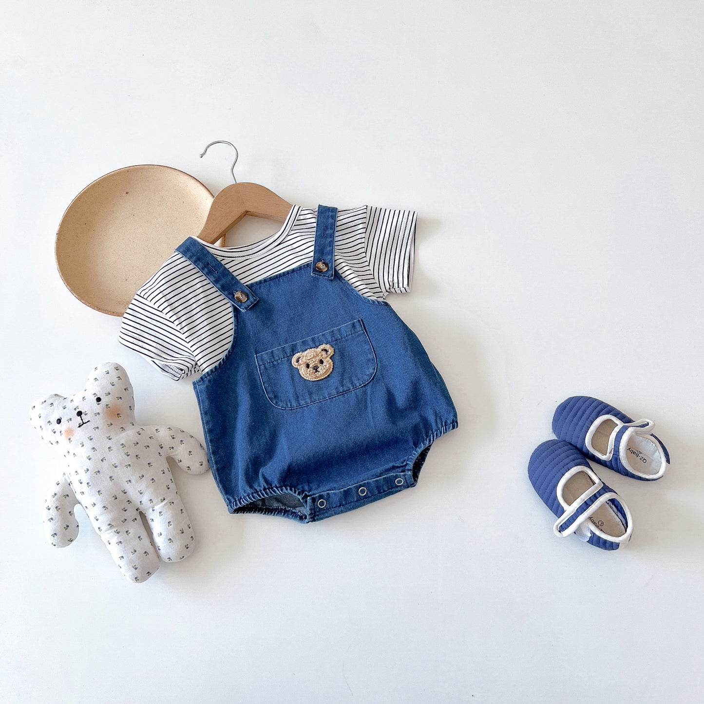 Baby's bear denim summer overalls(shorts with straps or baby striped sleeve t-shirt