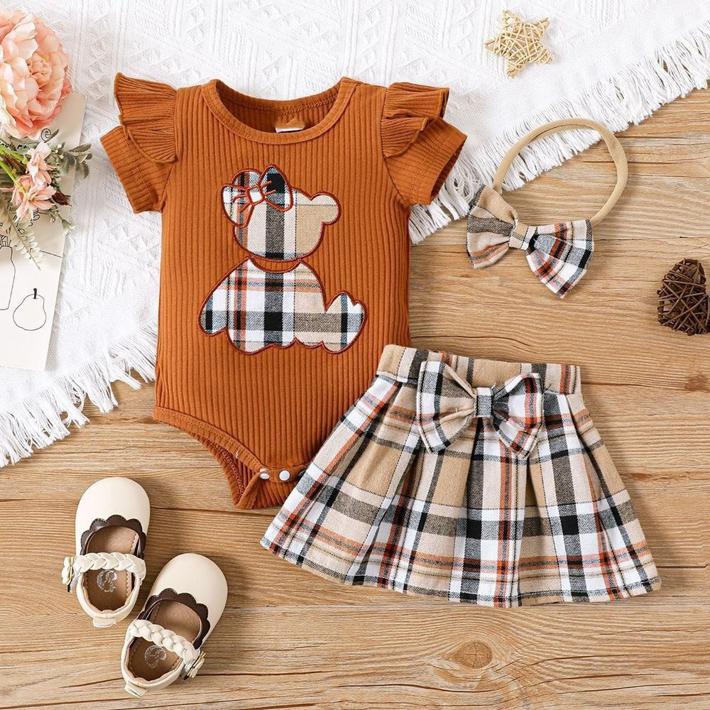 Newborn baby girl's summer 3 piece set,t-shirt bodysuit with style teddy bear,plaid skirt and plaid headbow