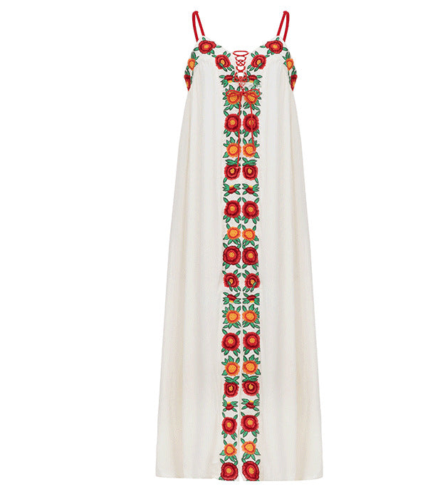 MAGNOLIA-Women's long dress with colorful flower embroidery, V-neck and backless,perfect vacation dress