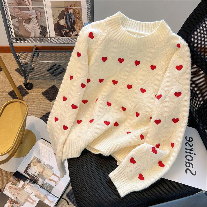 Women's round neck knitted sweater for women,casual and versatile, sweet and stylish, long sleeved sweater with painted hearts