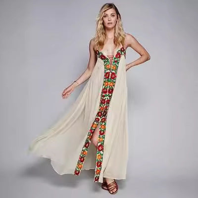 MAGNOLIA-Women's long dress with colorful flower embroidery, V-neck and backless,perfect vacation dress