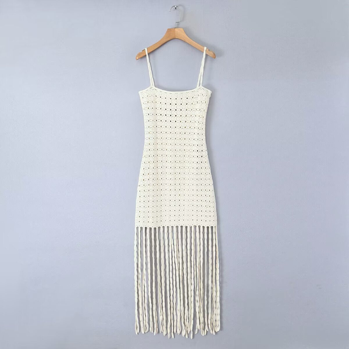 BIANCA-Women's fashion crochet dress sleeveless  suspender hem tassel embellished