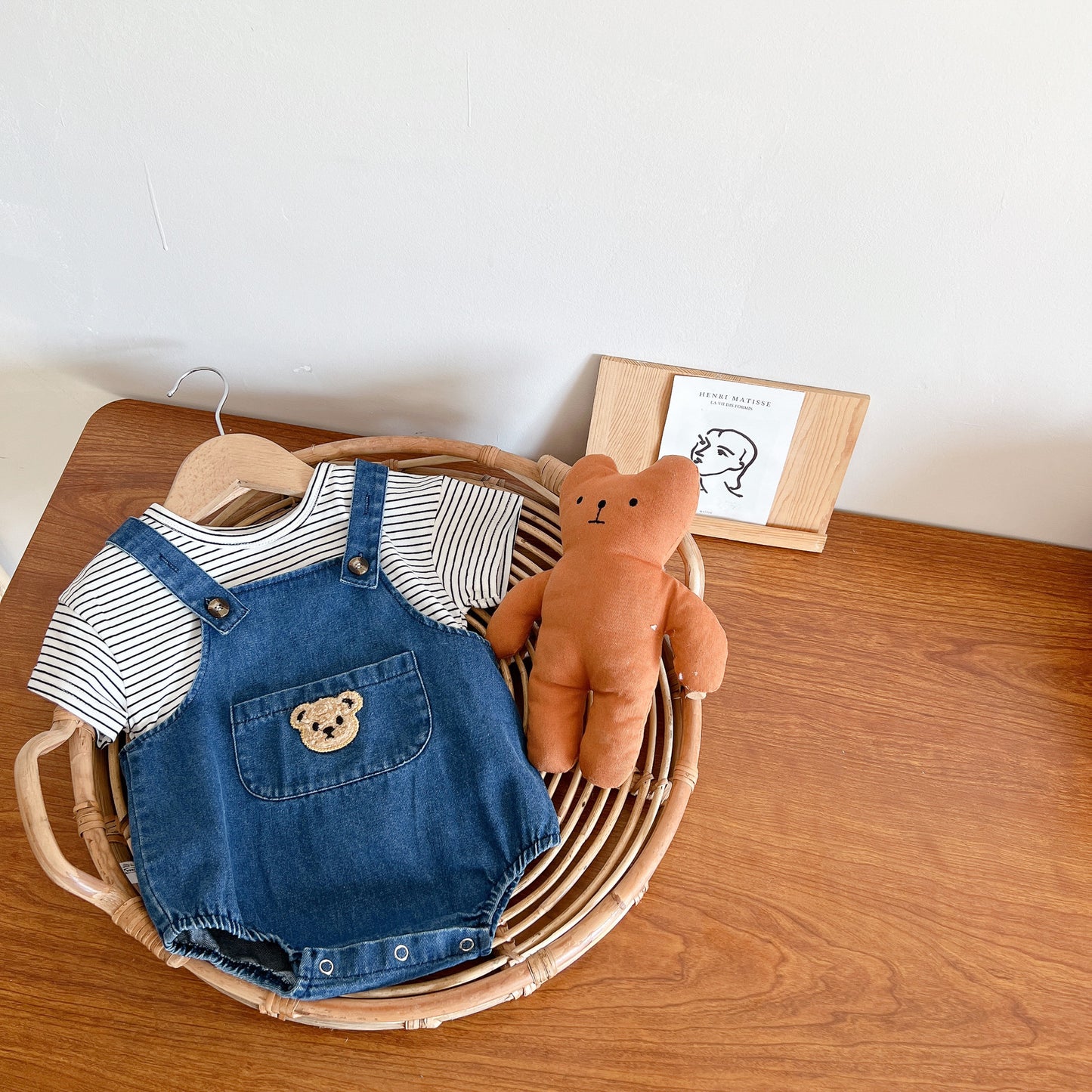 Baby's bear denim summer overalls(shorts with straps or baby striped sleeve t-shirt