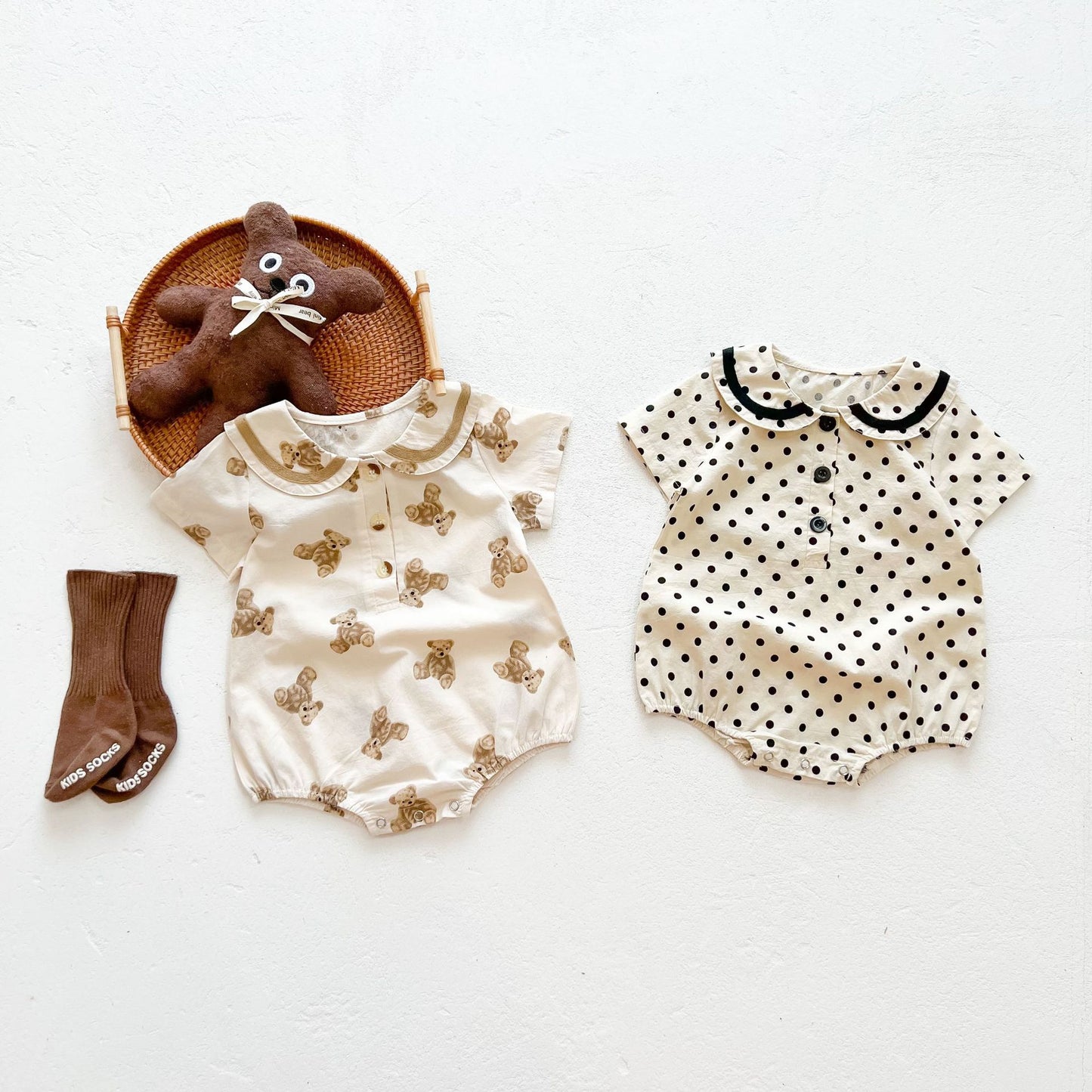 Summer sweety baby bodysuit with collar and short-sleeved,printing bears or dots