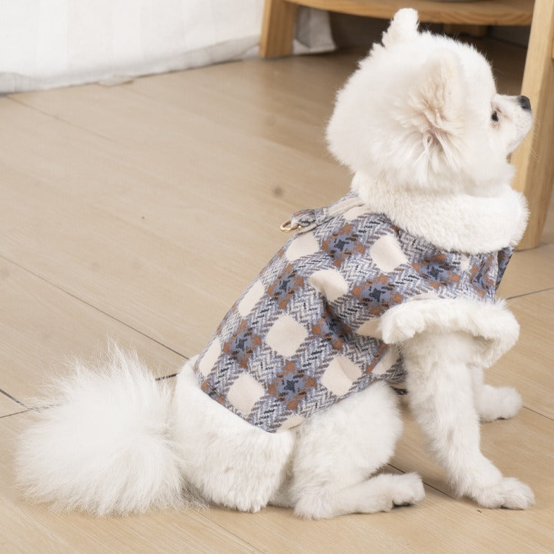 Dog or cat plaid coat warm and fluffy for autumn and winter