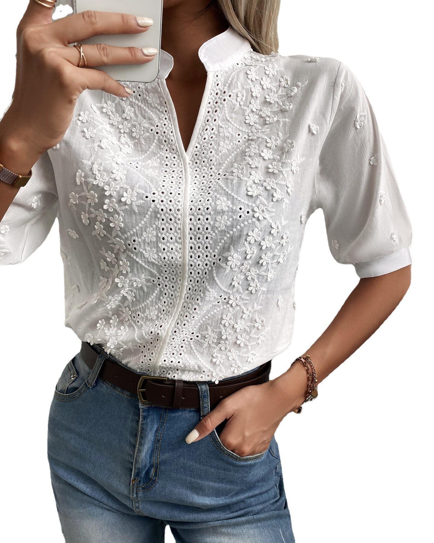 New V-neck stand up collar embroidered lace top shirt