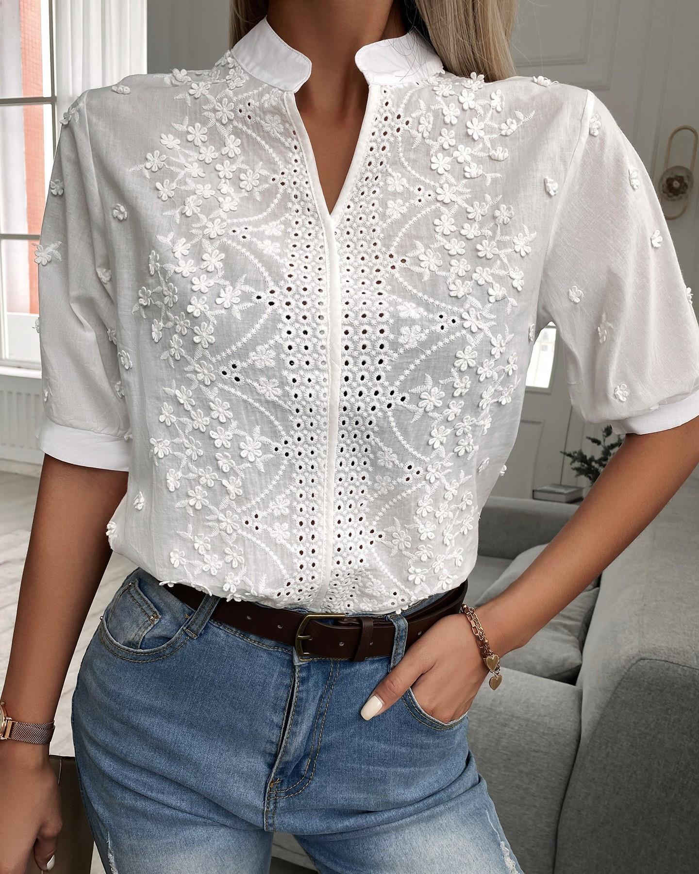 New V-neck stand up collar embroidered lace top shirt