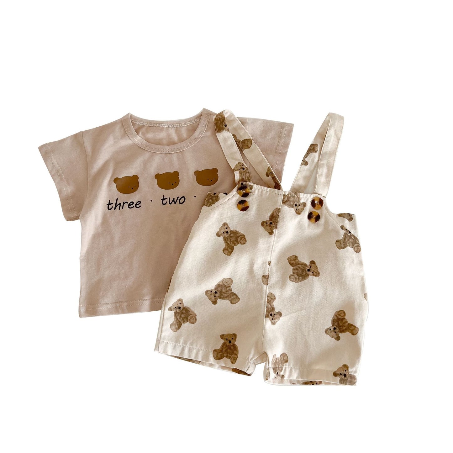 Baby's (0-3 years old) summer bears short-sleeved top and suspender shorts bears or polka dot or Two-Piece set (short-sleeved top and suspender shorts in set)